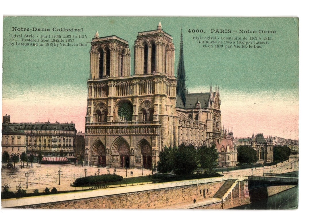 Notre-Dame Cathedral, Paris, France, Ogival Style Architecture, 1920s era postcard (1 of 2)
