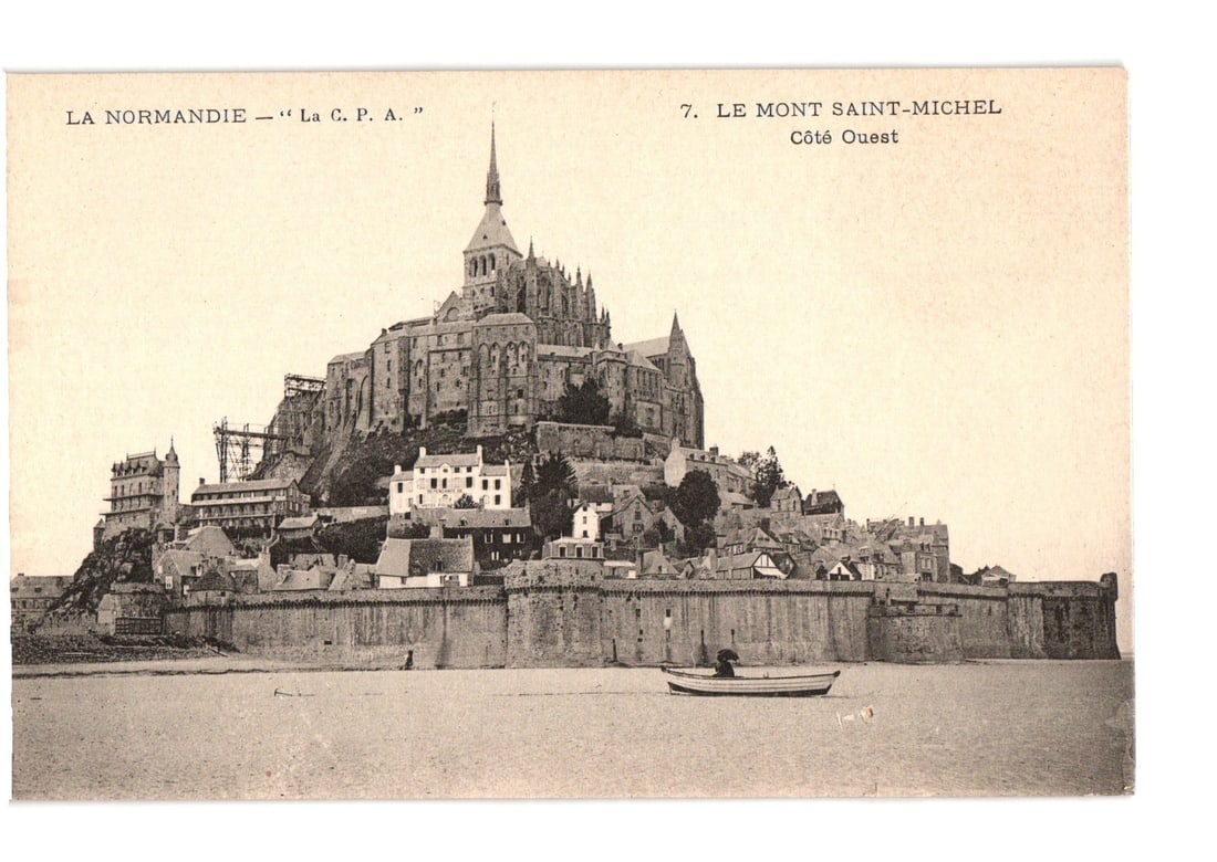 Mont Saint-Michel West Side, Normandy, France, with foreground boat, early 20th century postcard (1 of 2)