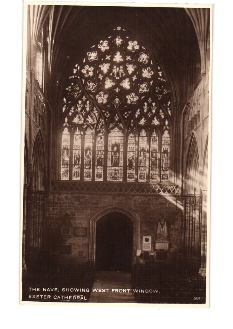 Impressive View of the Nave, Showing West Front Window, Exeter Cathedral, Real Photograph Postcard: An interior view of a cathedral, specifically depicting the nave looking towards the west front window. The central focus is a large, ornate stained-glass window with intricate tracery. Below the wind