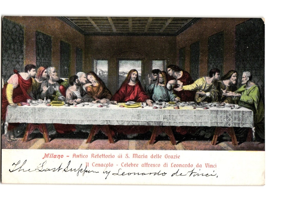 Leonardo da Vinci's "Last Supper" fresco in Milan, Italy, a classic religious art postcard.: A colorized lithograph depicts Leonardo da Vinci's "The Last Supper" fresco, showing Jesus and his twelve disciples gathered around a long table. Jesus is centrally positioned, with disciples arranged