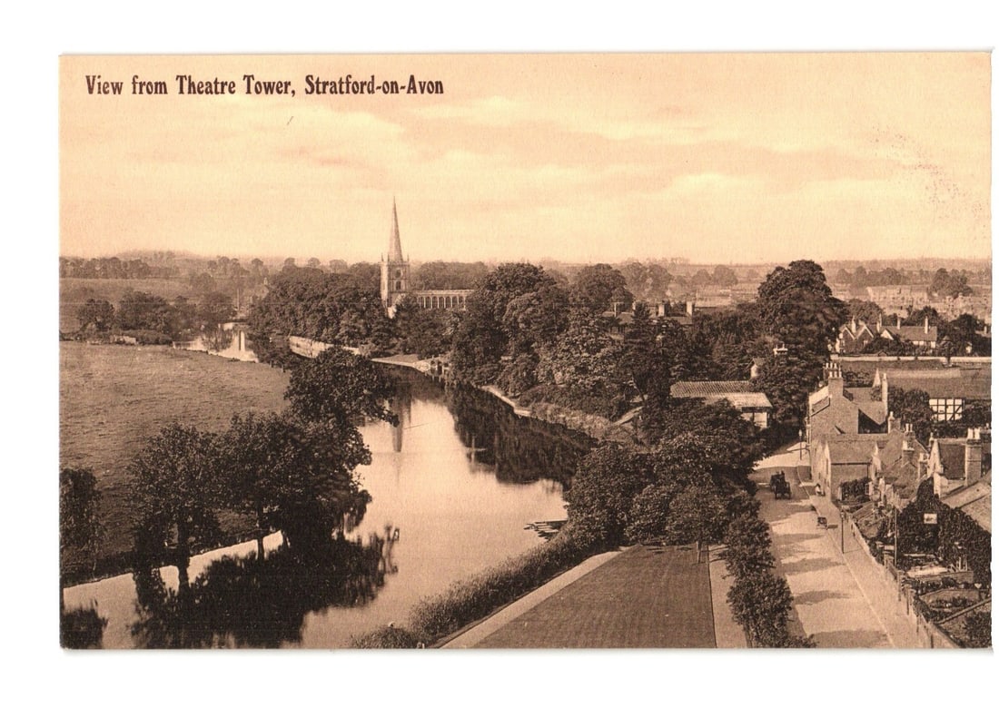 Scenic Sepia-Toned Postcard: Elevated View of Stratford-on-Avon with River Avon and Church Spire (1 of 2)