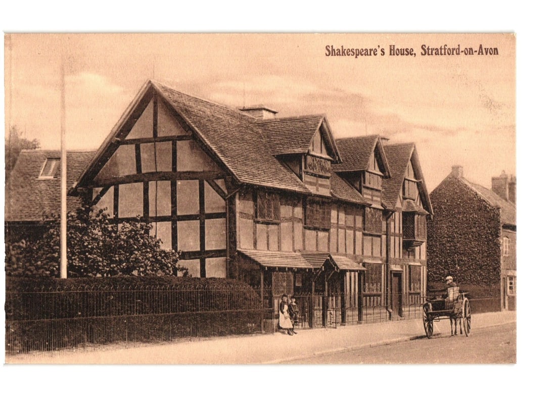 Shakespeare's House, Stratford-on-Avon, featuring half-timbered architecture, sepia photographic: A sepia-toned photographic print depicts Shakespeare's House in Stratford-on-Avon. The primary subject is a large, multi-gabled, half-timbered building with light infill panels, viewed from a street-l