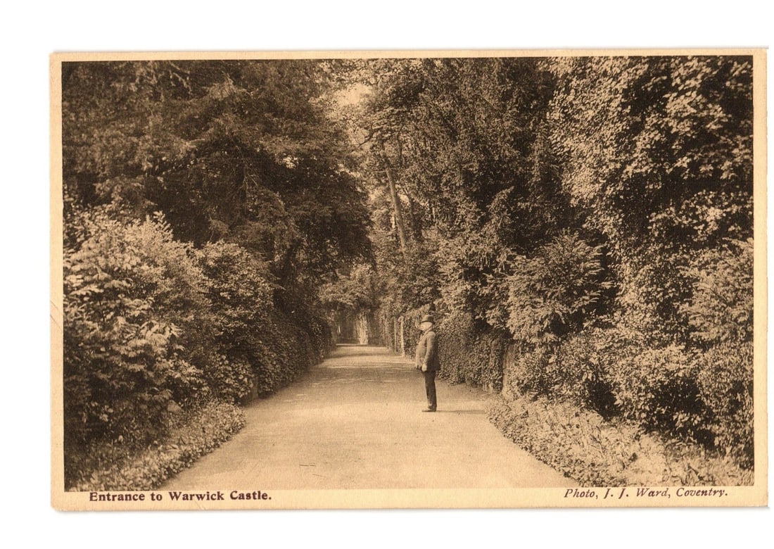Man on Path at Entrance to Warwick Castle, England, Sepia Photographic Postcard, circa 1910s: A sepia-toned photographic postcard depicting a lone man standing on a wide, unpaved path. The path is flanked by dense, tall trees and foliage, forming a natural archway that recedes into the backgro