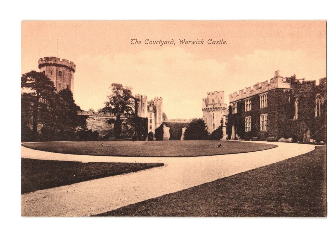 Sepia-toned photomechanical print postcard: The Courtyard, Warwick Castle, historic architecture. (1 of 2)