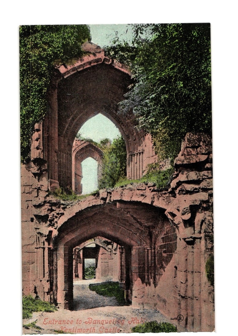 Entrance to Banqueting Hall, Kenilworth Castle Ruins, England, Early 20th Century postcard: A detailed view of the ruined entrance to the Banqueting Hall at Kenilworth Castle. Multiple arches are visible, with foliage, including ivy, growing over the red-brown stone walls. The foreground arc