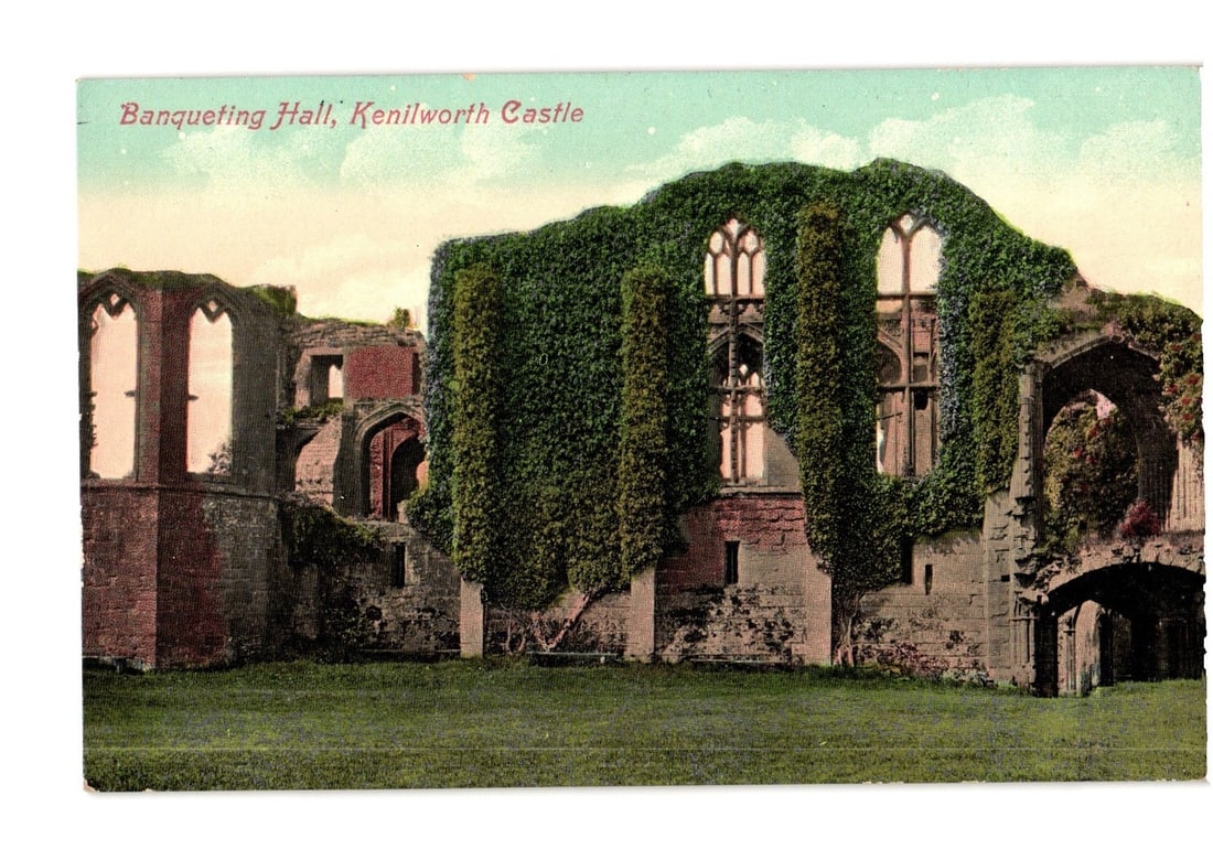 Early 20th Century Postcard: Banqueting Hall, Kenilworth Castle, England, Ivy-Clad Ruins View: The Banqueting Hall of Kenilworth Castle is depicted as extensive ruins, heavily covered in lush green ivy. The central section features tall, multi-paned arched windows, characteristic of Gothic arch