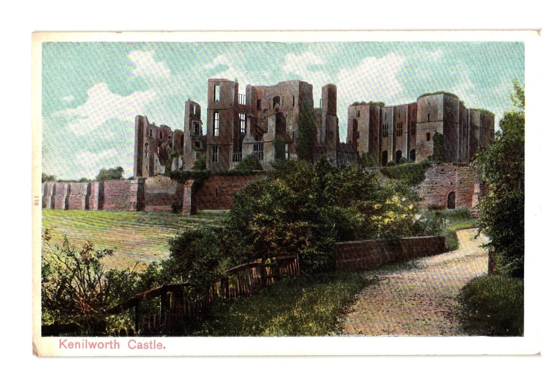 Historic Kenilworth Castle Ruins Landscape View, Printed Autochrom Postcard, Early 20th Century (1 of 2)