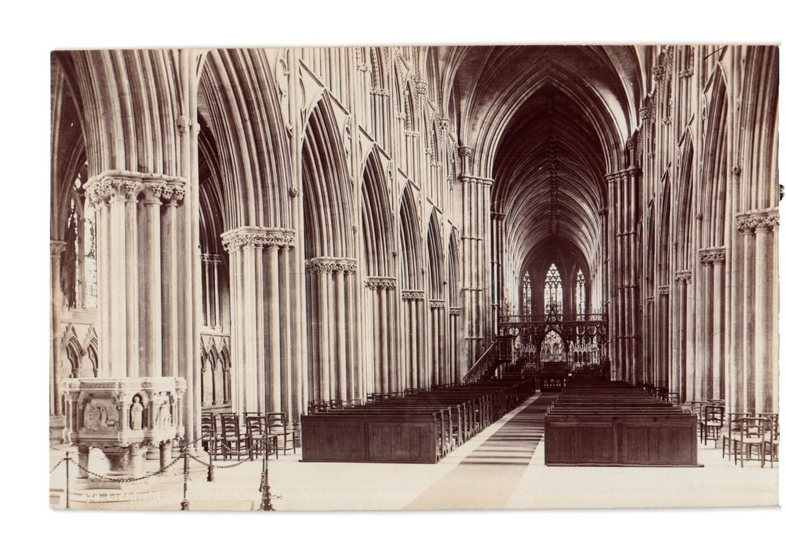Sepia-Tone Real Photo Postcard: Grand Interior View of Peterborough Cathedral Nave, c. 1911 (1 of 2)