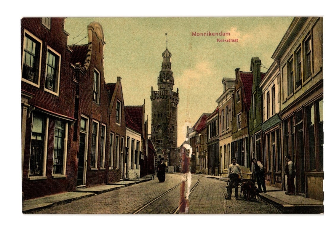Monnikendam, Kerkstraat street view with prominent tower, early 20th century chromolithograph (1 of 2)