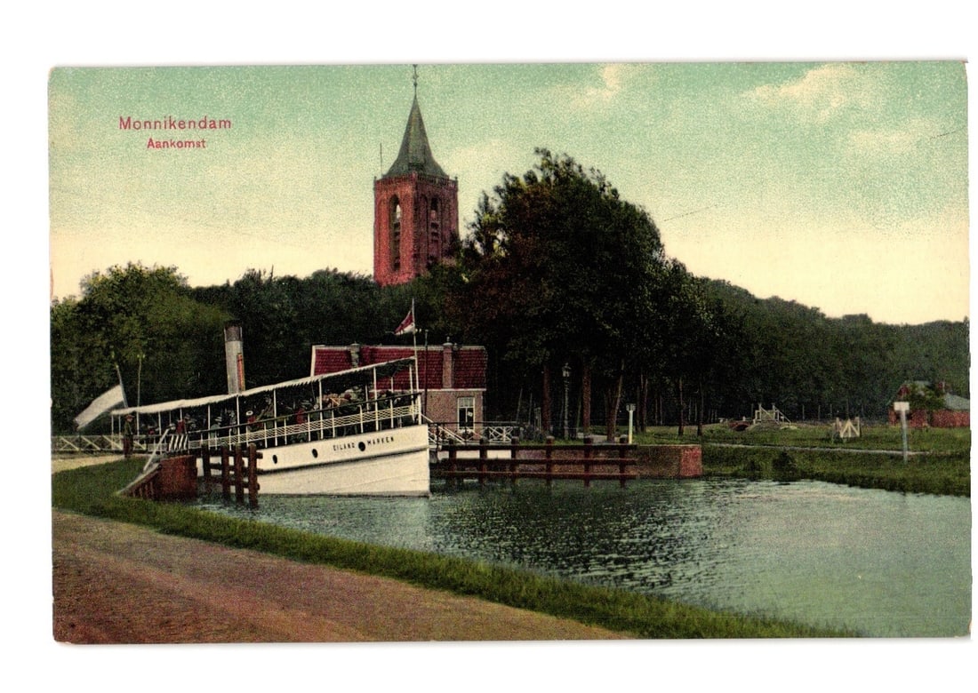 Monnikendam Arrival: 'Zuider Zee' paddle steamer and church tower, early 20th century postcard. (1 of 2)