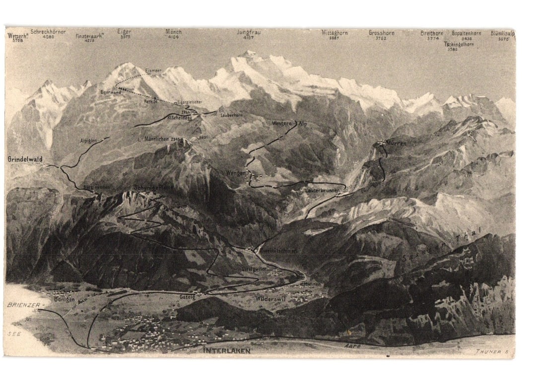 Swiss Alps Topographical Relief Map Postcard, Featuring Interlaken and Grindelwald Region: A topographical relief map illustration of the Swiss Alps, rendered in monochrome sepia tones. The view encompasses valleys, towns, and lakes. Prominent towns labeled include Interlaken at the bottom 
