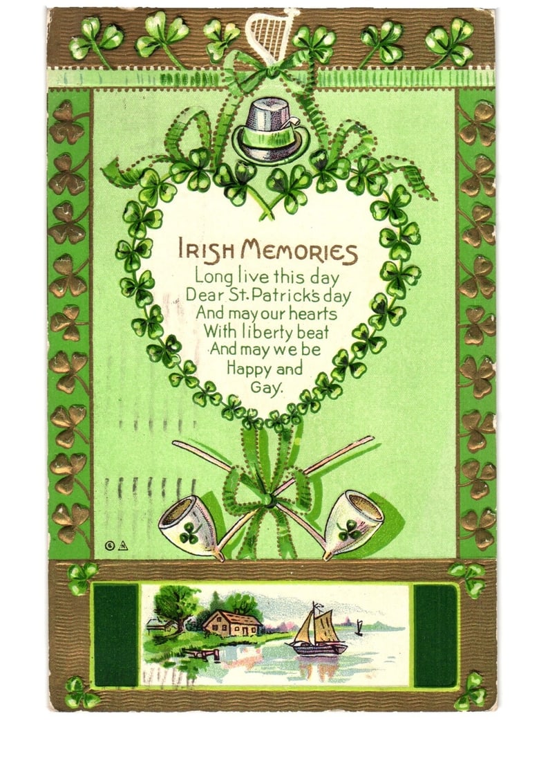Embossed St. Patrick's Day postcard with shamrock wreath, harp, hat, pipes, and landscape scene. (1 of 2)