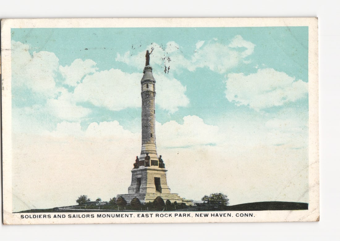 Early 20th Century postcard of Soldiers and Sailors Monument, East Rock Park, New Haven, Conn.: The Soldiers and Sailors Monument at East Rock Park in New Haven, Connecticut, is depicted centrally. The monument is a tall, slender column on a substantial tiered base, with statuary figures visible