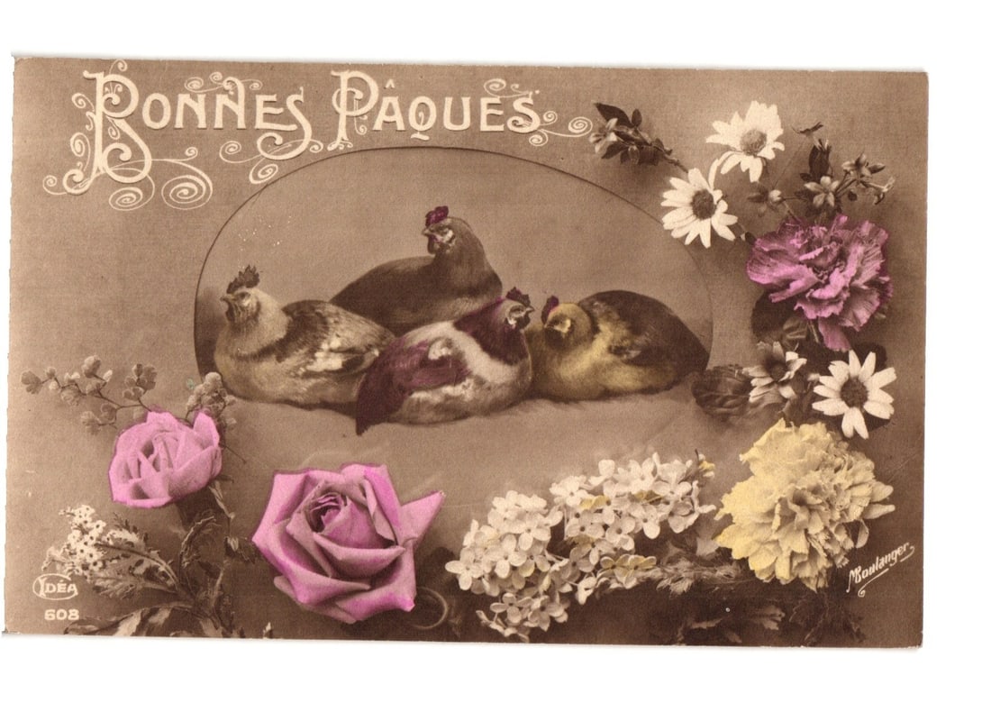 Early 20th C. French 'Bonnes Paques' postcard of chickens, chicks, and hand-colored flowers. (1 of 2)