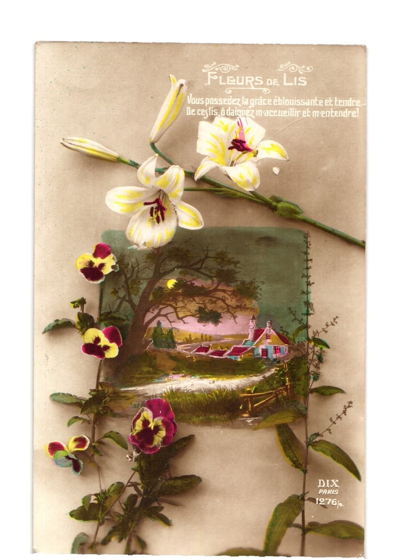 Parisian Chromolithograph postcard with Lilies, Pansies, and a Quaint Village Landscape (1 of 2)