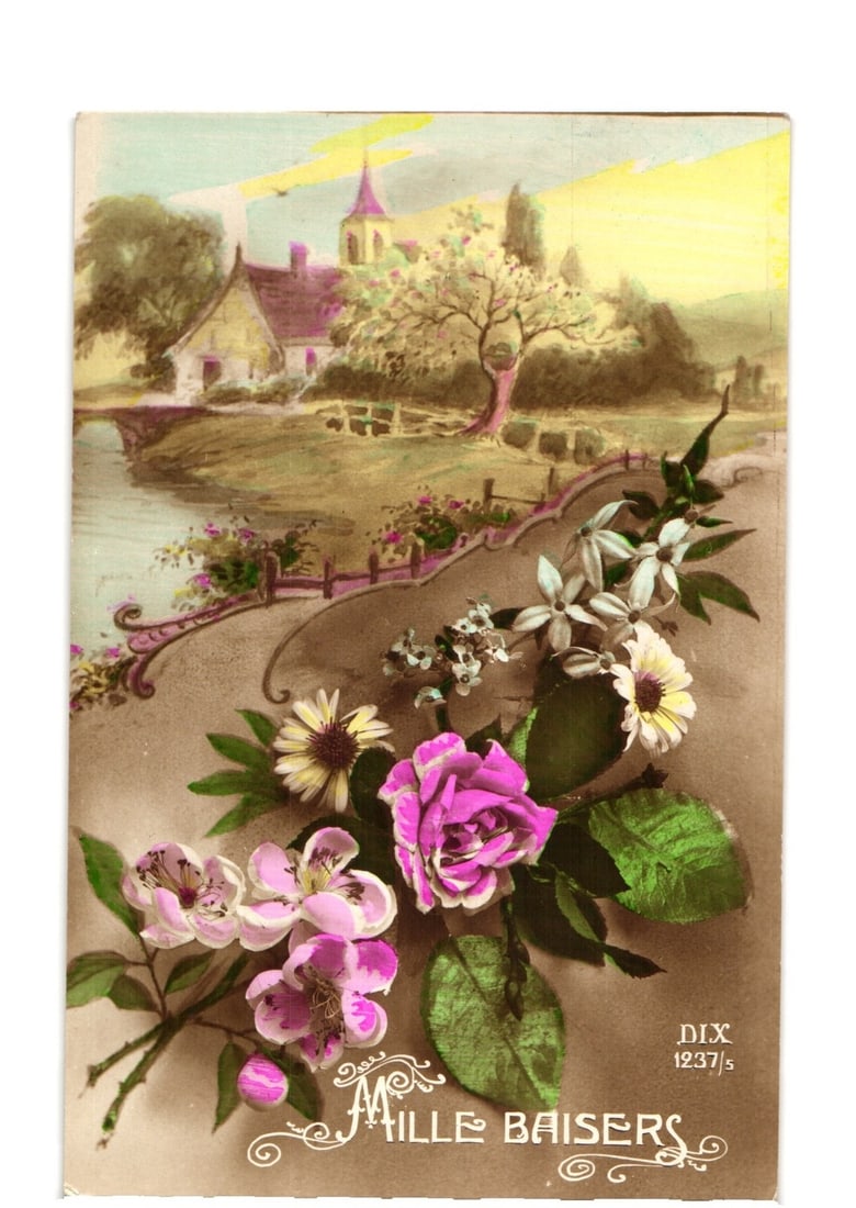 Hand-Colored Illustration Postcard: Rustic Cottage, River, & Floral Bouquet with 'A Thousand Kisses' (1 of 2)