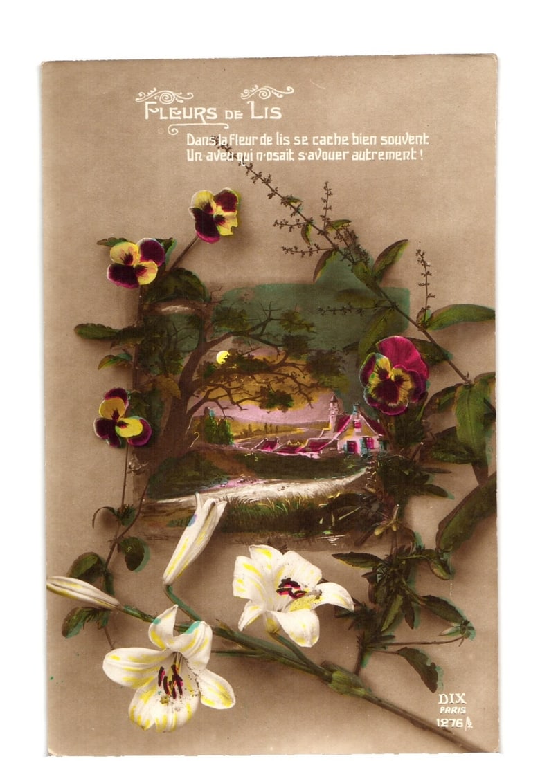 French "Fleurs de Lis" Floral Postcard with Lilies, Pansies, Village Scene, Paris Publisher: A detailed chromolithograph depicts a vibrant floral composition featuring multiple pansies with prominent purple, yellow, and red markings, arranged with several white lilies displaying yellow stamen