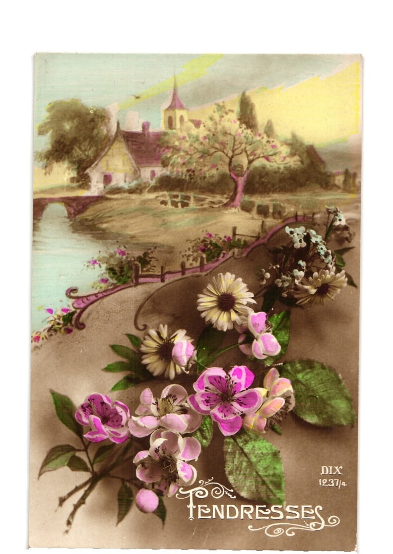 Vibrant floral cluster over idyllic cottage, church, and river landscape chromolithograph postcard. (1 of 2)