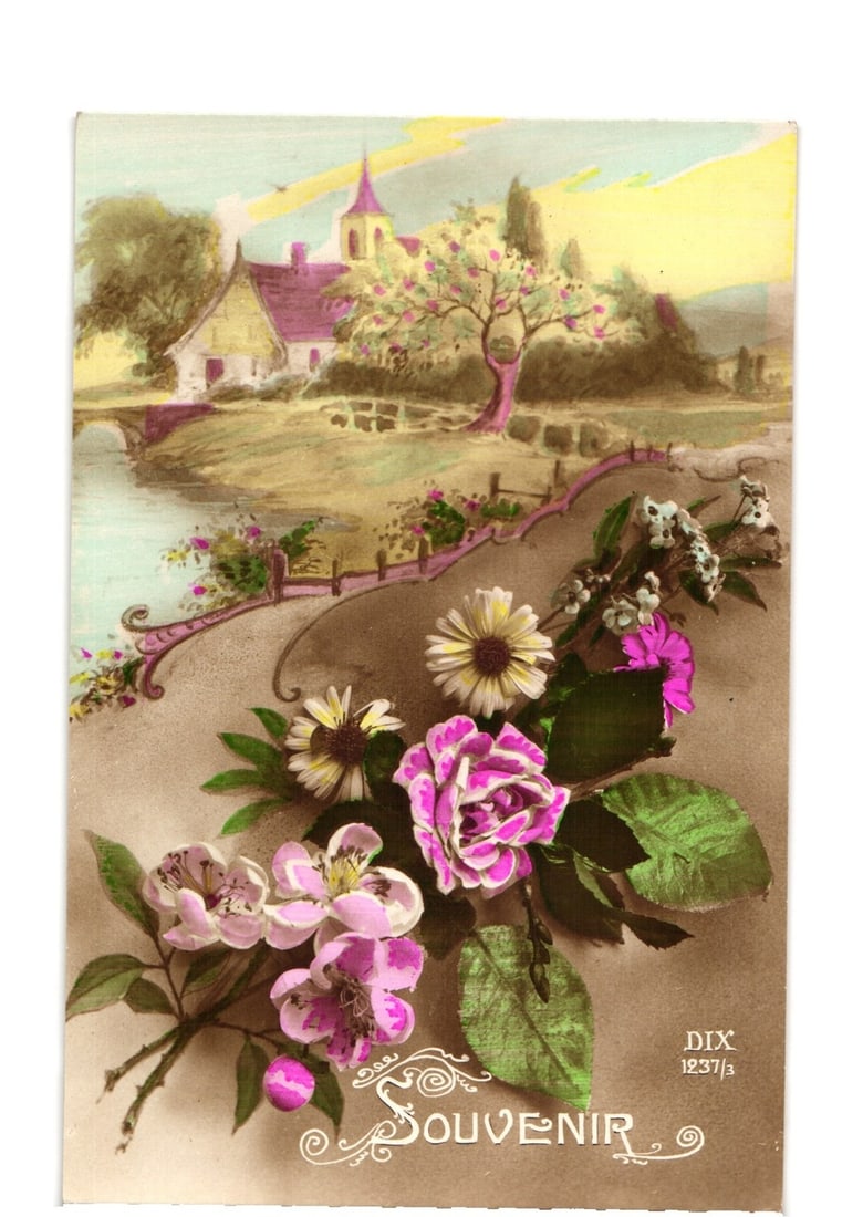 Colorized Floral Bouquet and Picturesque Rural Landscape Souvenir postcard with Cottage (1 of 2)