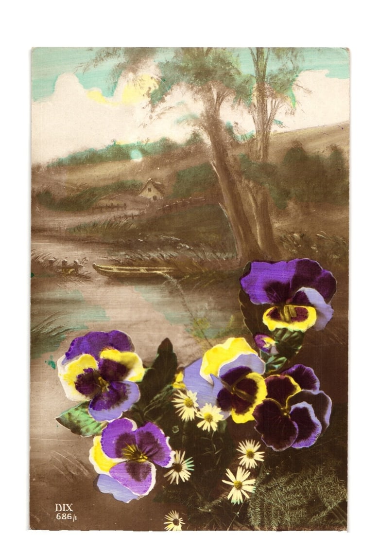 Artistic Floral Postcard: Embossed Pansies & Daisies on a Painted River & Cabin Landscape: A picturesque landscape scene features a winding river flowing past a small cabin nestled on a distant hillside. A rowboat is visible on the river. The background includes a large tree on the right an