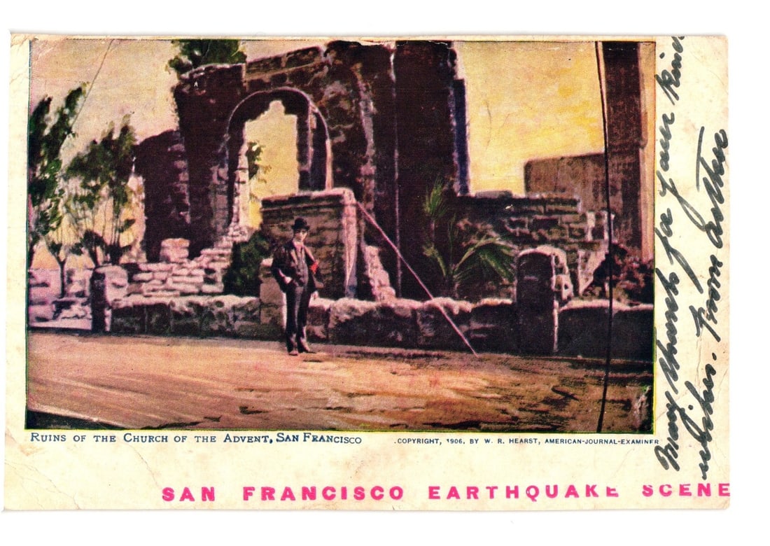 Color Lithograph postcard depicting the 1906 San Francisco Earthquake's Church of the Advent Ruins.: A man in a suit and hat stands amidst the substantial ruins of a stone building, featuring a prominent archway and collapsed walls, suggesting significant damage. The scene is likely a depiction of th
