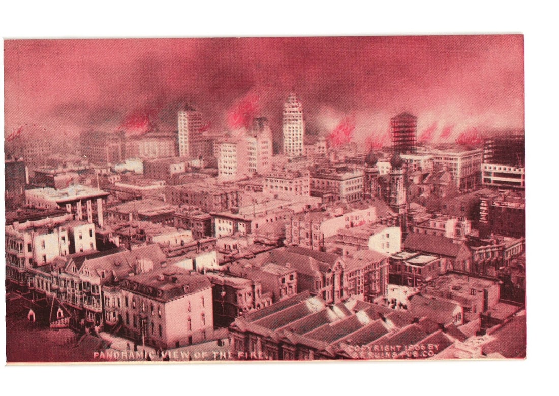 Panoramic postcard of the 1906 San Francisco Fire with city in flames, red-toned photograph. (1 of 2)