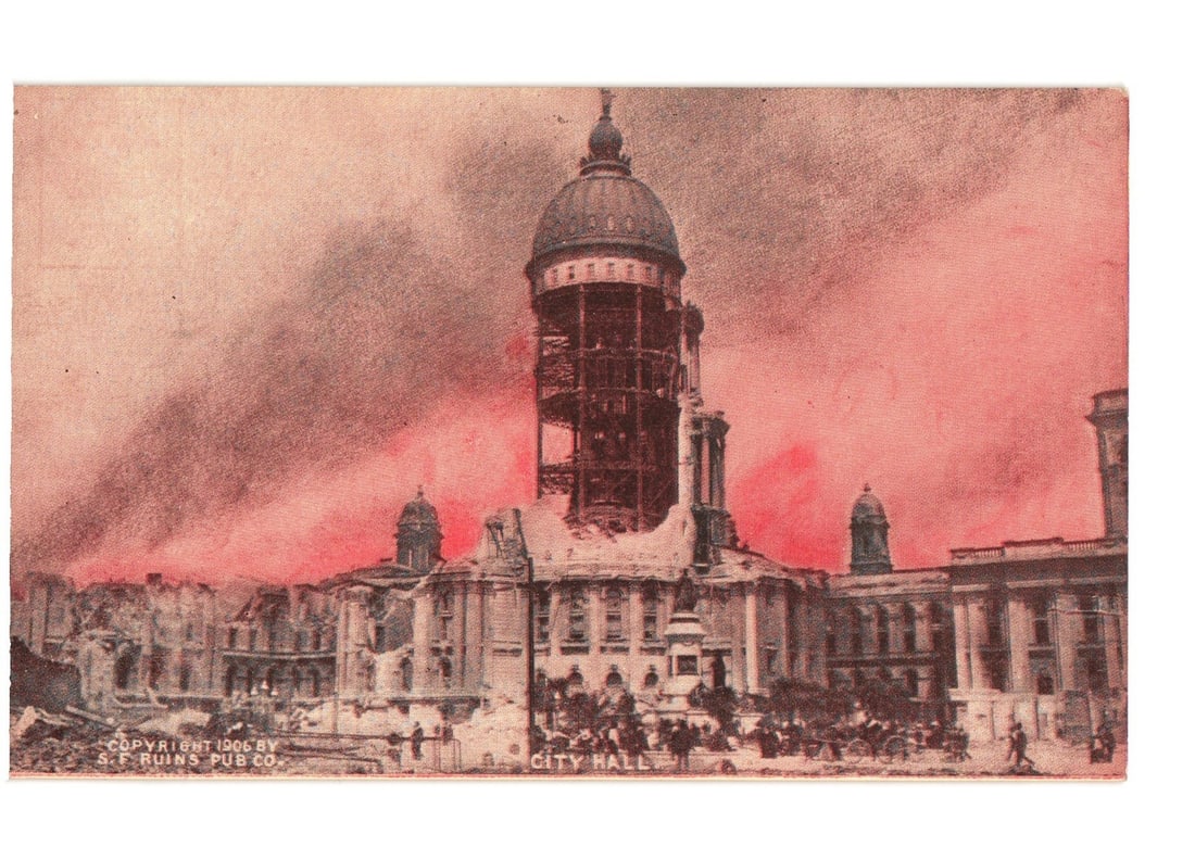 San Francisco City Hall Ruins, 1906 Postcard from S.F. Ruins Pub Co. with Toned Sky: A view of the heavily damaged San Francisco City Hall. The central dome is largely a skeletal structure, with portions of the building's facade visible but clearly in ruins. Debris and rubble surround