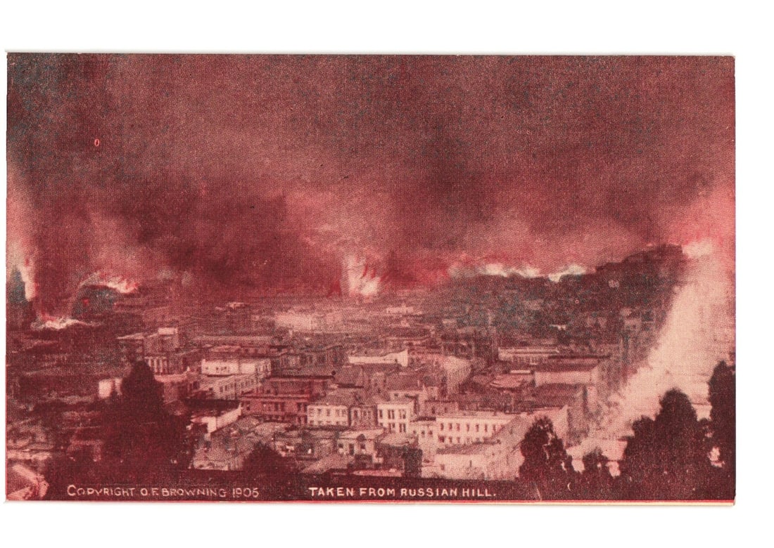 Panoramic View of Burning San Francisco from Russian Hill, 1906 Earthquake Aftermath Postcard (1 of 2)