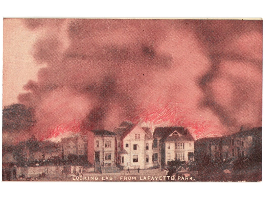 Dramatic View of a City Fire Looking East from Lafayette Park, Early 20th Century Postcard (1 of 2)