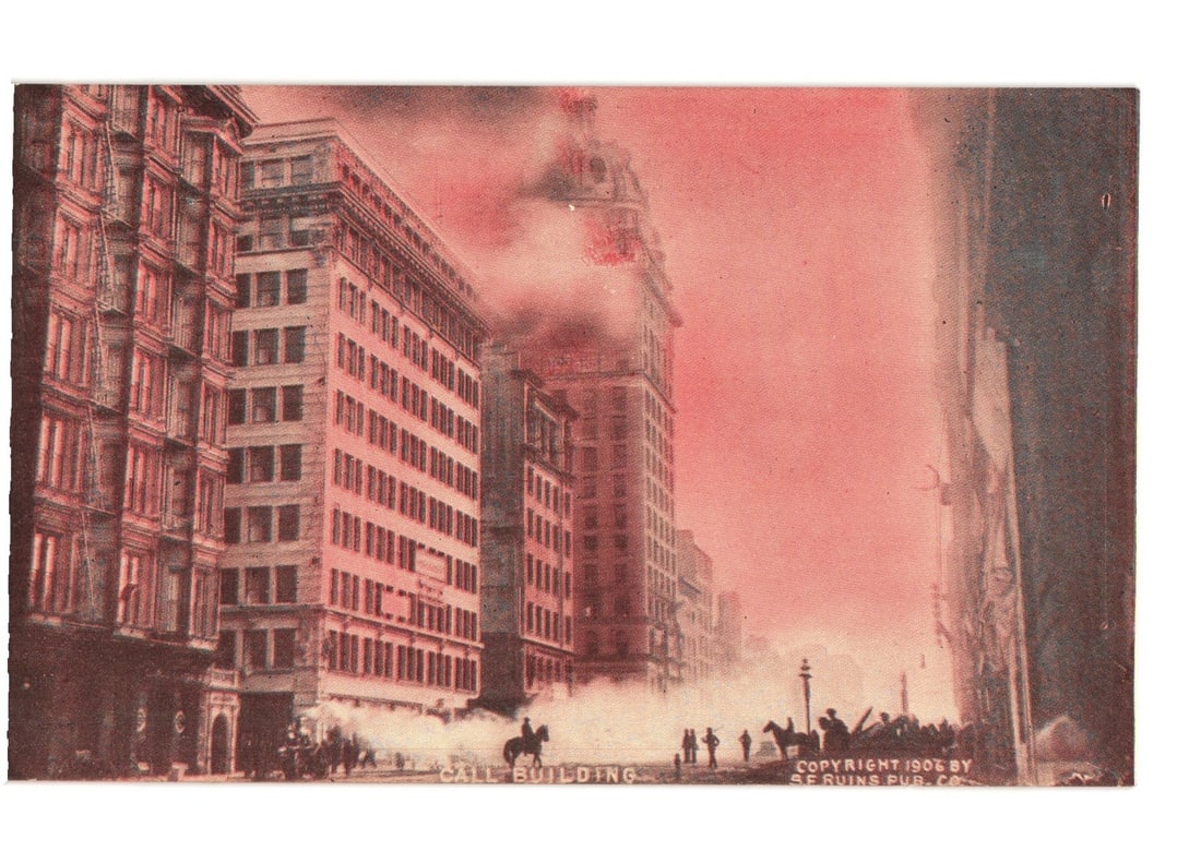 1906 San Francisco Earthquake Aftermath Postcard: Call Building Amidst Red-Toned Smoke and Debris: A street scene depicts the aftermath of a disaster, dominated by tall buildings and a pervasive red, smoky atmosphere. The "CALL BUILDING" stands prominently on the left. Debris is visible at street l