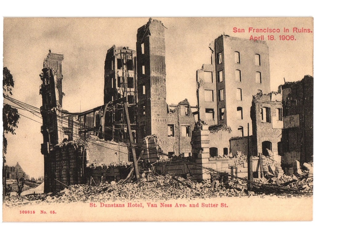 Postcard of St. Dunstans Hotel Ruins, Van Ness Ave. and Sutter St., San Francisco, April 18, 1906 (1 of 2)