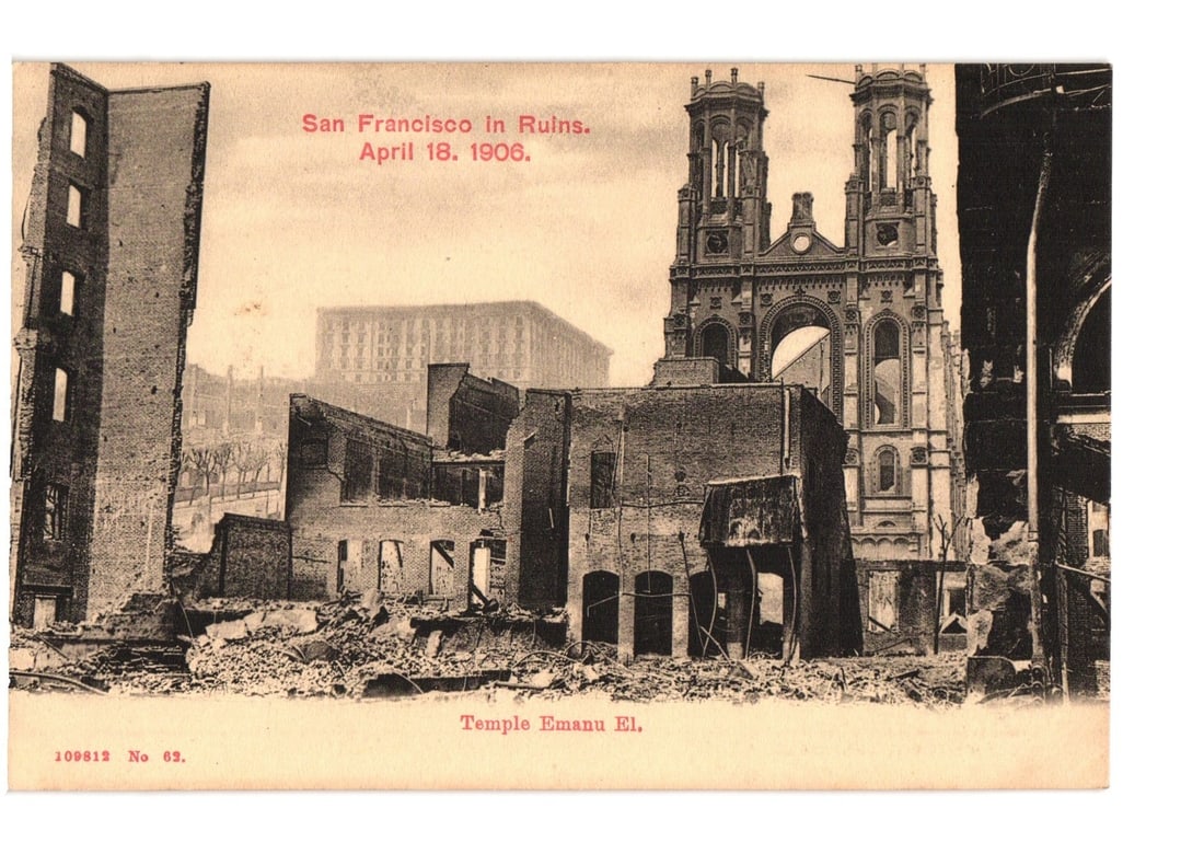 Postcard Depicting San Francisco in Ruins after the April 18, 1906 Earthquake, Temple Emanu El: The scene depicts widespread urban devastation following the 1906 San Francisco earthquake. The foreground is filled with rubble and debris from collapsed structures. To the right stands the heavily d