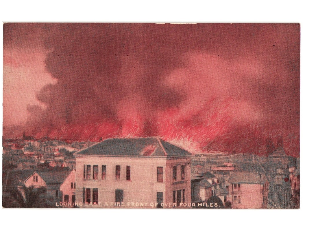 Cityscape engulfed by a four-mile fire front, red sky, early 20th century postcard (1 of 2)
