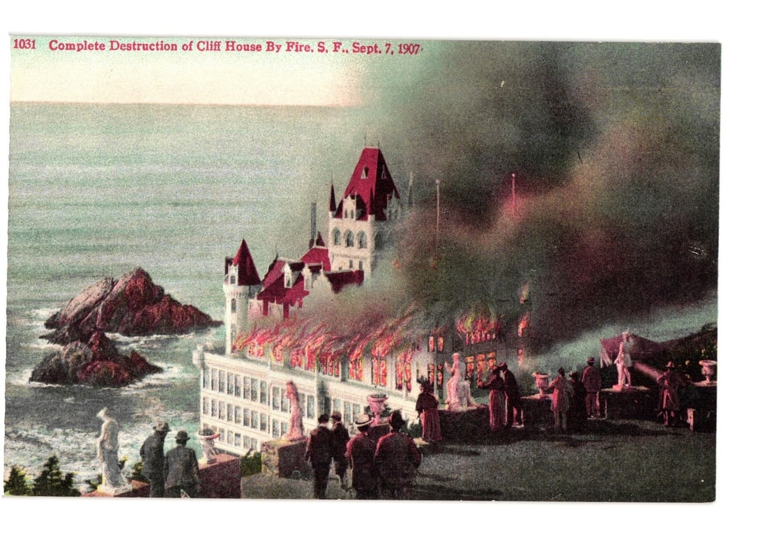 Historic postcard depicting the fiery destruction of Cliff House, San Francisco, on September 7,: The postcard depicts the historic Cliff House in San Francisco engulfed in flames, with heavy smoke rising from its roof and upper floors. The grand multi-story building, featuring prominent red roofs