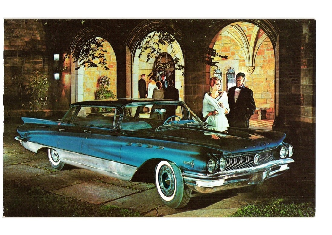 1959 Buick Electra 225 4-Door Hardtop with elegantly dressed couple, mid-century postcard: A 1959 Buick Electra 225 4-Door Hardtop, presented in Magic-Mirror Midnight Blue, is the central subject of this color photographic postcard. The vehicle is angled towards the viewer, positioned in fr