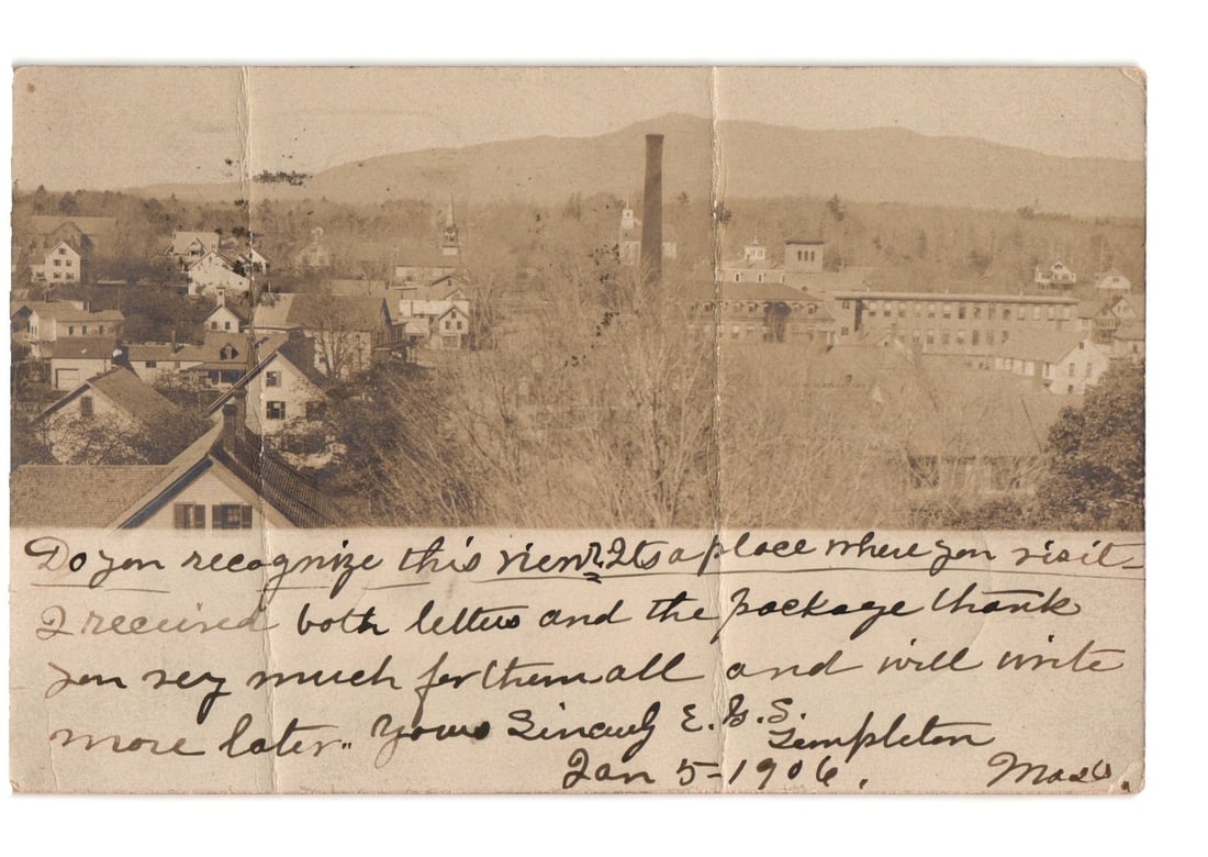 Panoramic view of Templeton, Massachusetts, featuring town architecture and factory, circa 1906 (1 of 2)