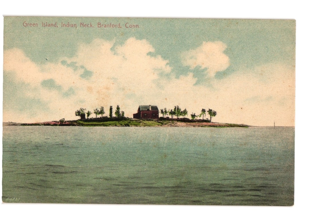Scenic Green Island with a single house, Indian Neck, Branford, Conn. color lithograph postcard (1 of 2)
