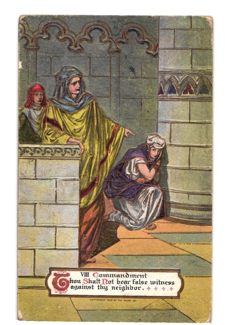 Vivid Chromolithograph Postcard Depicting Eighth Commandment, 'Thou Shalt Not Bear False Witness': A chromolithograph postcard illustrating a biblical scene with three figures. A central, taller figure in a yellow robe and blue head covering stands behind a stone wall, pointing emphatically at a kn