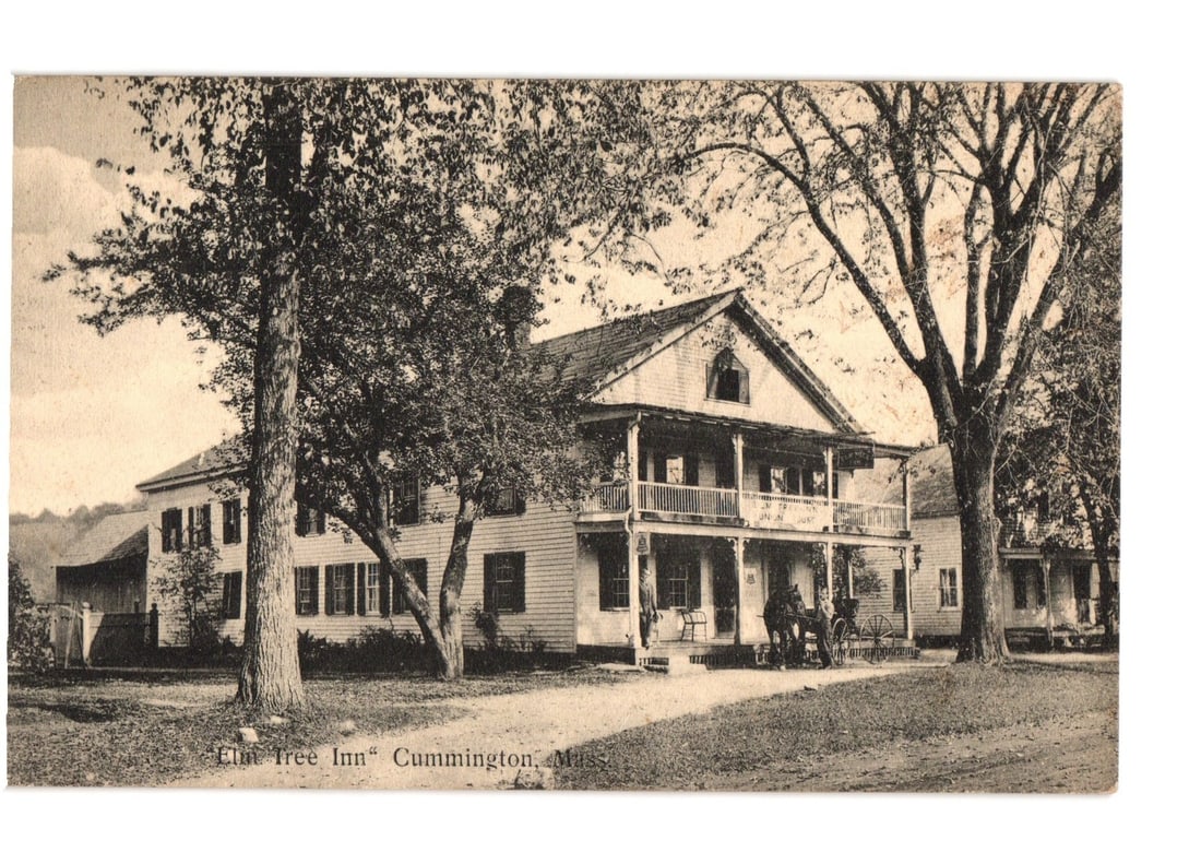Vintage postcard of Elm Tree Inn, Cummington, Massachusetts, with horse-drawn carriage. (1 of 2)