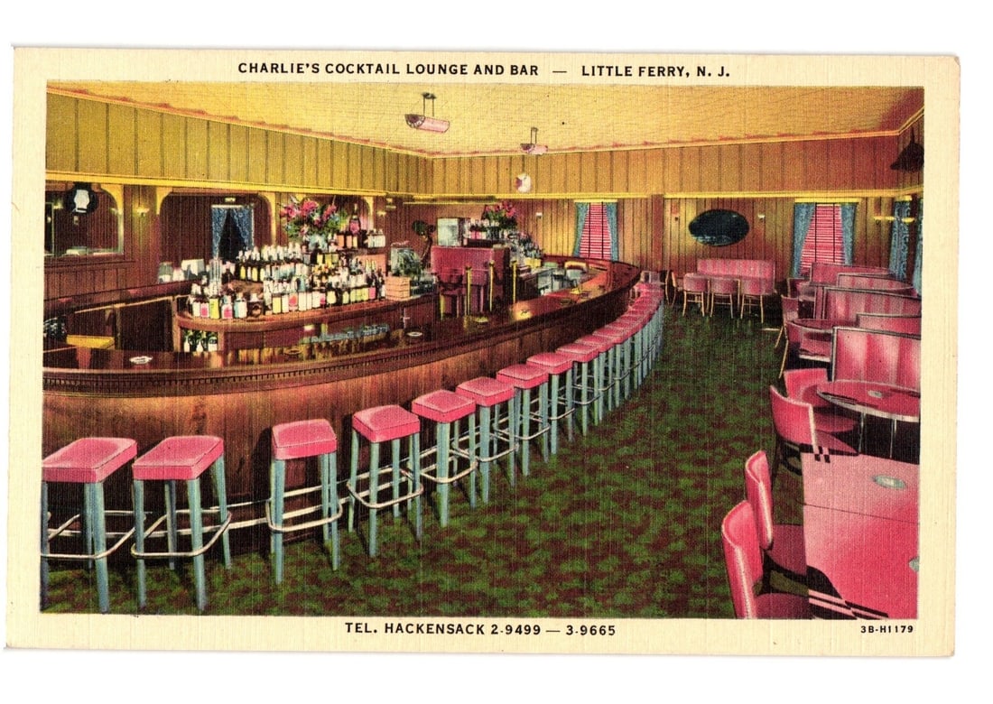 Colorful photochrome postcard depicting Charlie's Cocktail Lounge and Bar interior, Little Ferry,: An interior view of Charlie's Cocktail Lounge and Bar, presented as a color photochrome. The scene features a long, curved wooden bar lined with red bar stools with chrome bases. Behind the bar are bo