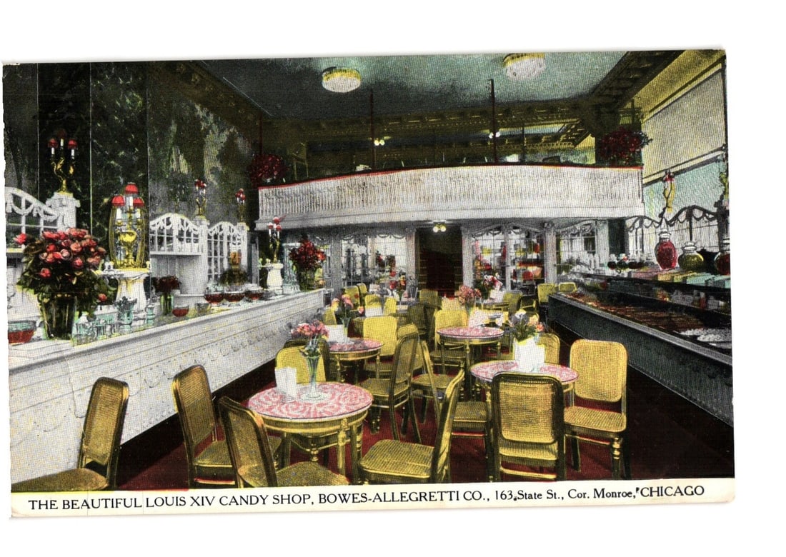Interior View of the Beautiful Louis XIV Candy Shop, Chicago, early 20th Century postcard: Interior view of the Bowes-Allegretti Co. Louis XIV Candy Shop in Chicago. The chromolithograph depicts a lavish retail space with tables and chairs in the foreground and a prominent white service cou