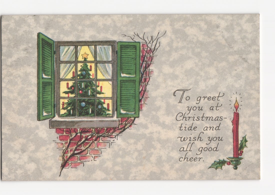 Illustrated Christmas postcard with a festive tree in a window and a glowing candle.: An illustration depicts an open window with green shutters revealing a decorated Christmas tree inside. The tree features a star at its apex and lit candles. The window is set in a brick wall with bar