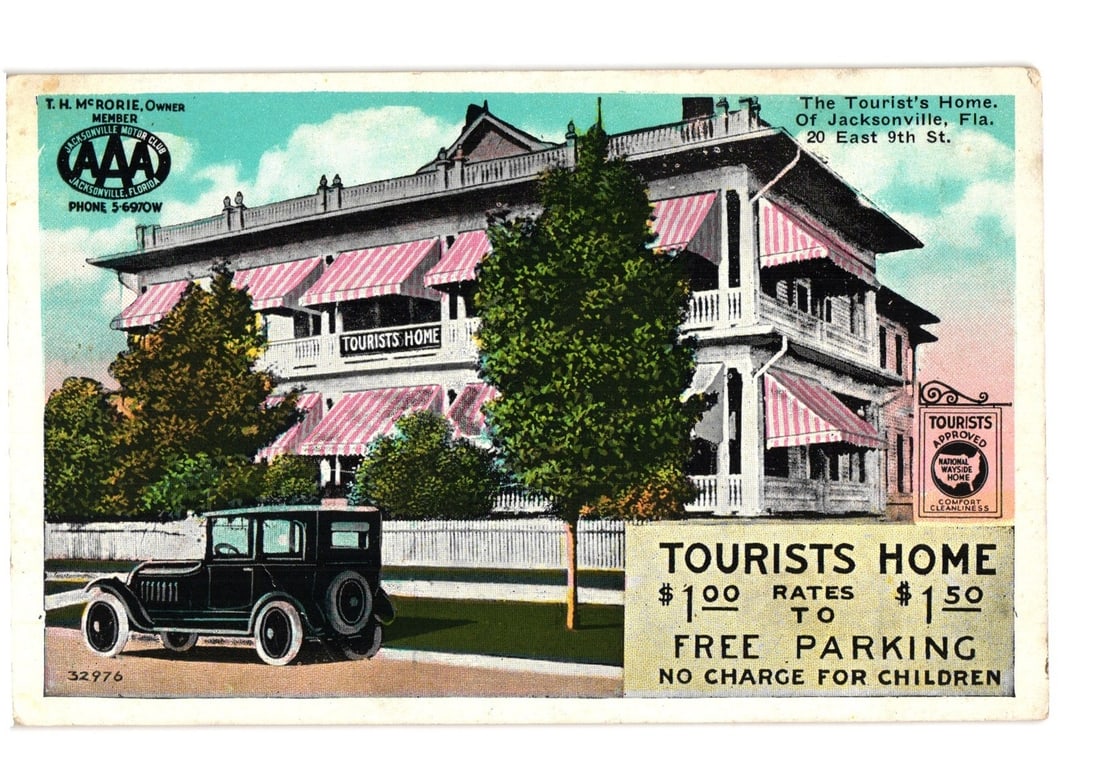 Vintage postcard featuring The Tourist's Home and a classic car in Jacksonville, Florida. (1 of 2)