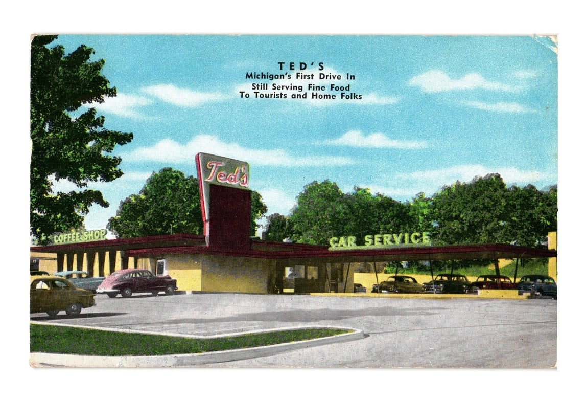 Vintage postcard of Ted's, Michigan's First Drive In restaurant in Pontiac, Michigan. (1 of 2)
