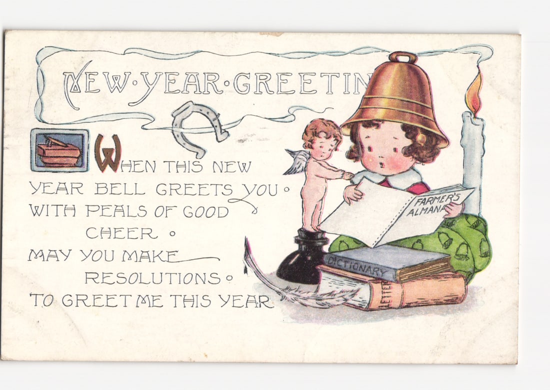 Illustrated New Year postcard featuring child, bell hat, books, cherub, Spencer, MA 1911: An illustrated New Year greeting depicts a young child figure wearing a large brass bell as a hat, seated and reading an open book. The book is titled 'FARMER'S ALMANAC'. A small angelic cherub figure