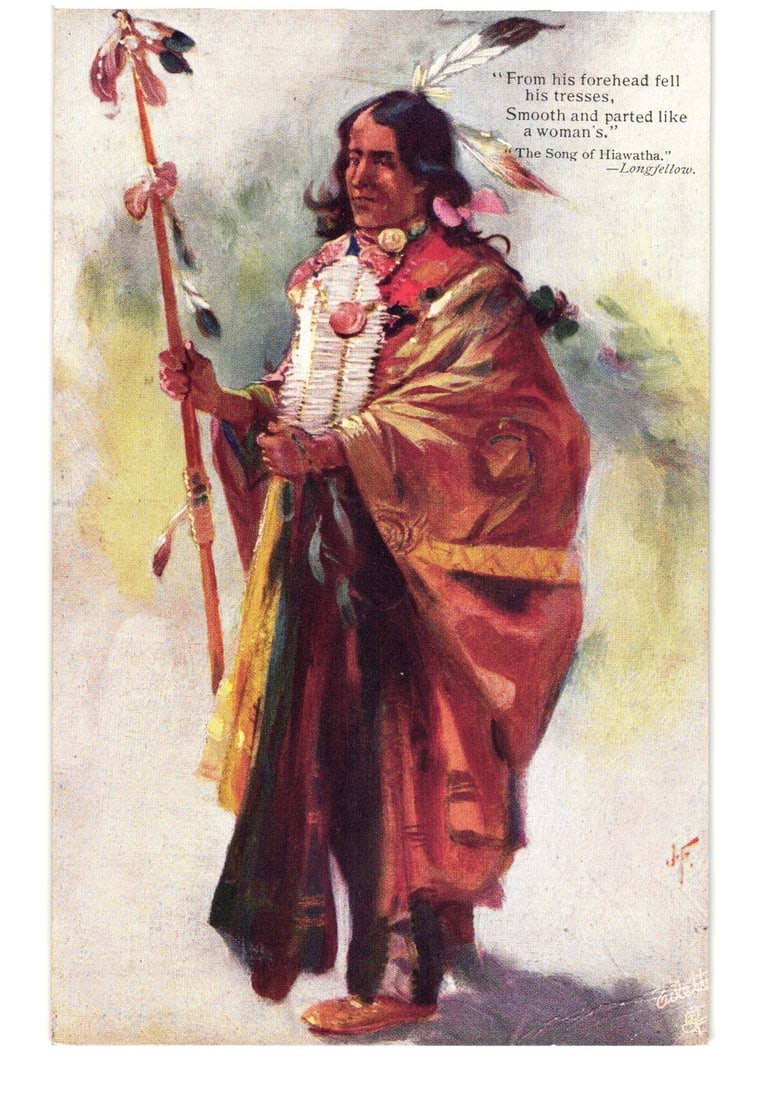 Oilette Postcard depicting a Native American Man in Traditional Attire from Hiawatha: A chromolithograph depicts a standing Native American man in traditional attire: a reddish-orange blanket, beaded necklace, and feathers in long, dark hair. He holds a feathered staff. The background 