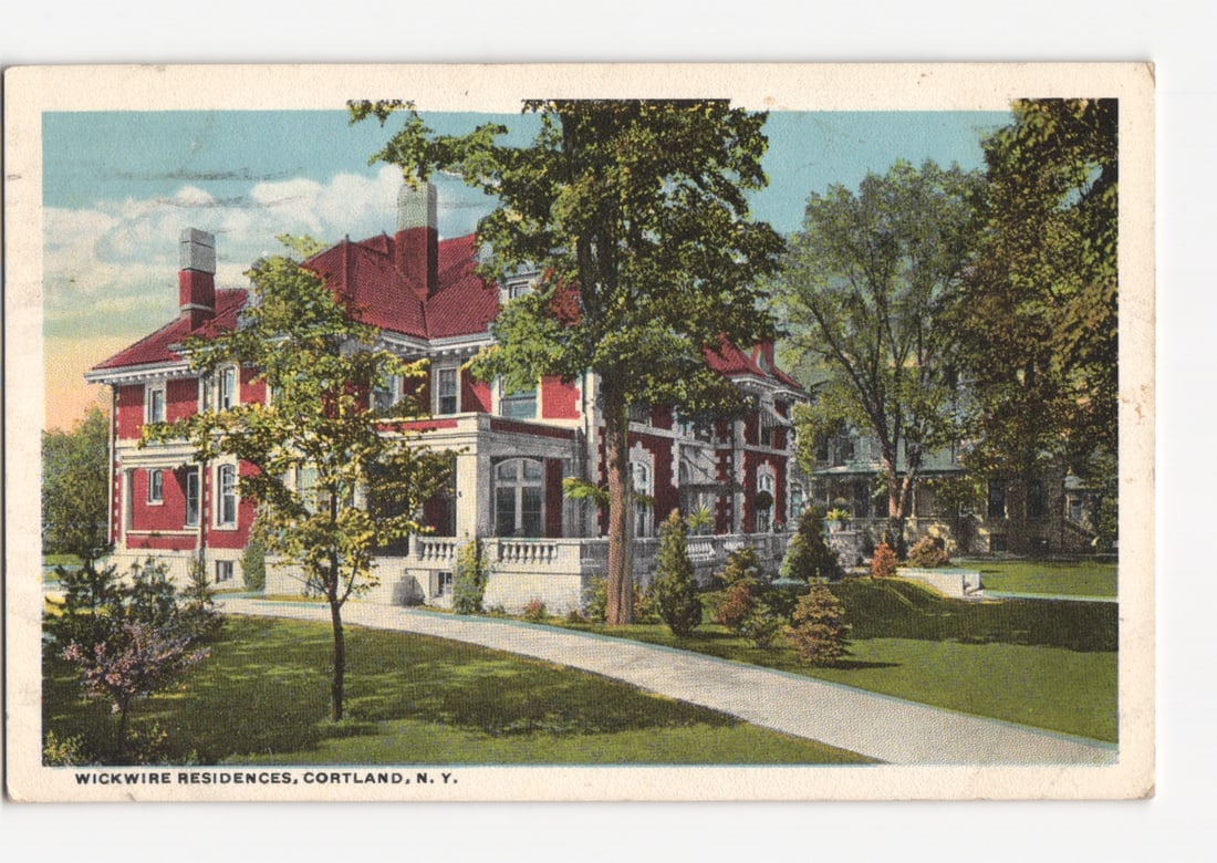 Wickwire Residences, Cortland, N.Y. Early 20th Century Lithograph Architecture View Postcard: A grand, multi-story residence constructed of red brick with white architectural trim and a red hip roof, featuring multiple chimneys. The building displays numerous windows and several porches. Large