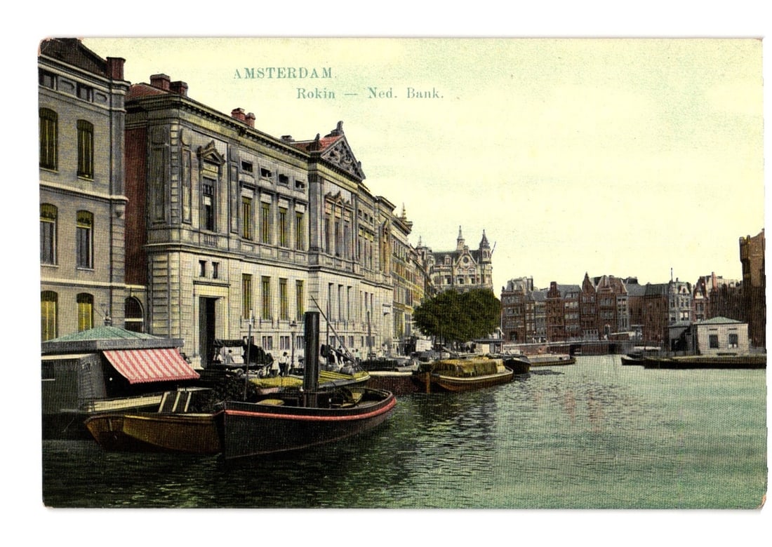 Amsterdam Rokin Canal Scene with Nederland Bank Buildings and Boats, Early 20th Century Postcard (1 of 2)