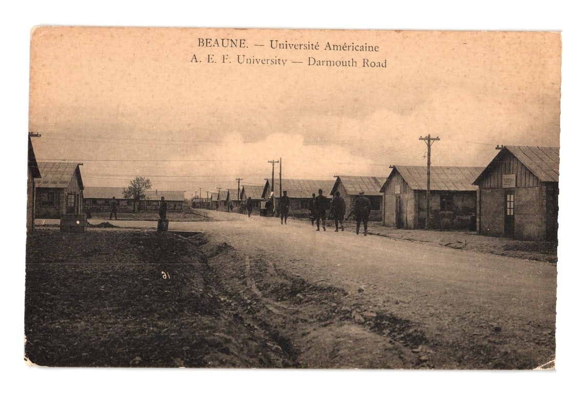 Beaune, A. E. F. University on Darmouth Road with Soldiers and Barracks, monochrome postcard (1 of 2)