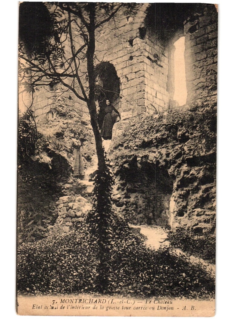 Montrichard Castle Keep Ruins Postcard with Two Figures, Loir-et-Cher, Early 20th Century: A photographic postcard depicts the overgrown ruins of a large stone castle or keep. A prominent gnarled tree, heavily vined, stands slightly left of center. The ruins feature rough-hewn stone blocks 